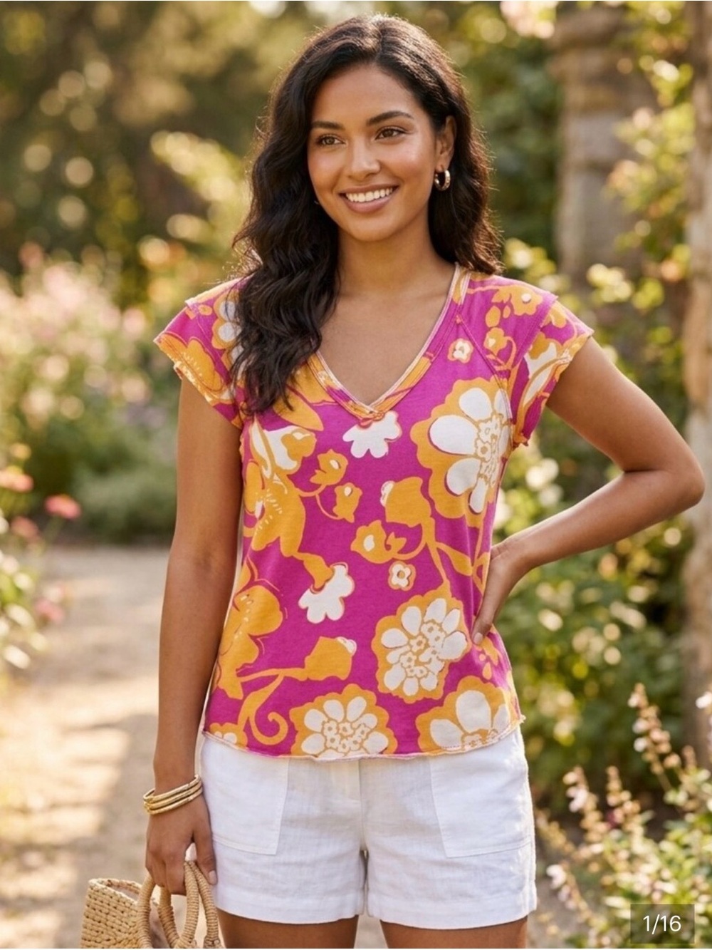 Mave by Anthropology Tee in Fuchsia and Yellow Sz M